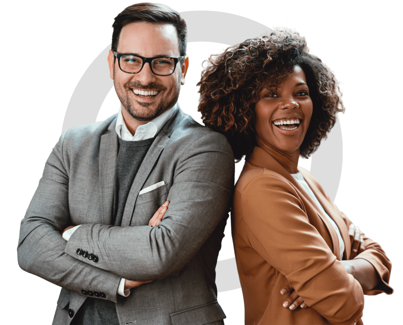 Smiling professionals standing back to back.